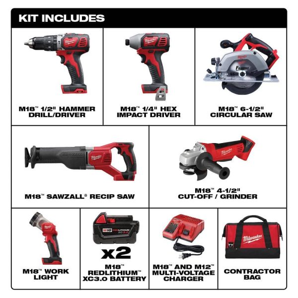 M18 18V Lithium-Ion Cordless Combo Tool Kit (6-Tool) with Two 3.0 Ah Batteries, 1 Charger, 1 Tool Bag 2696-26 - Image 2