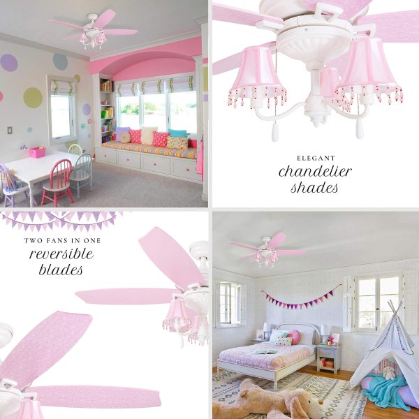 Prominence Home Elsa, 48 Inch Princess Style Indoor LED Ceiling Fan with Light, Pull Chain, Three Mounting Options, 5 Dual Finish Blades, Reversible Motor 50623-01 (White/ Pink) - Image 2