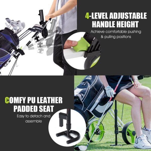Costway Foldable 3 Wheel Push Pull Golf Club Cart Trolley w/Seat Scoreboard Bag Swivel - Image 2