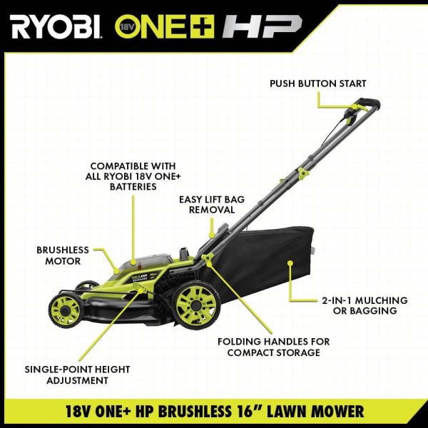 RYOBI ONE+ HP 18V Brushless 16 in. Cordless Battery Walk Behind Push Lawn Mower with (2) 4.0 Ah Batteries and (1) Charger P1190 - Image 4