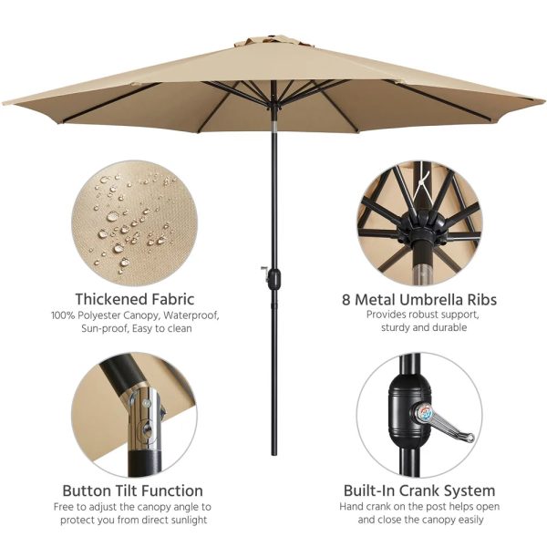Topeakmart 11ft Patio Umbrella Market Umbrella with 8 Ribs Tilt and Crank for Garden, Deck, Backyard, Pool, Beach, Tan - Image 7