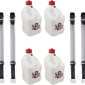 VP Racing Fuels 5 Gallon Square Motorsport Patriotic Racing Utility Container w/ Deluxe Filler Hose (4 Pack) Close-Trimmed Cap and Neck for Tight Seal