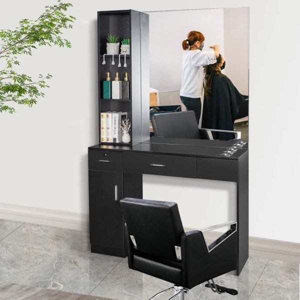 OmySalon Barber Station Wall Mount Salon Hair Styling Beauty Spa Equipment W/Mirror, 2 Drawers, 1 Storage Cabinet, 3 Open Shelves (Black) - Image 4