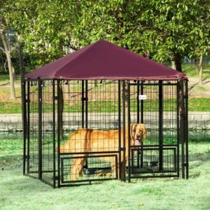 5' x 5' x 5' Dog Kennel Outdoor with Rotating Bowl Holders, Walk-in Pet Playpen, Welded Wire Steel Dog Fence with Water-and UV-Resistant Canopy, Black and Red