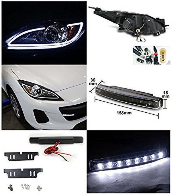 Mazda 3 JDM Black LED DRL Strip Projector Headlights+8-LED DRL Fog - Image 2