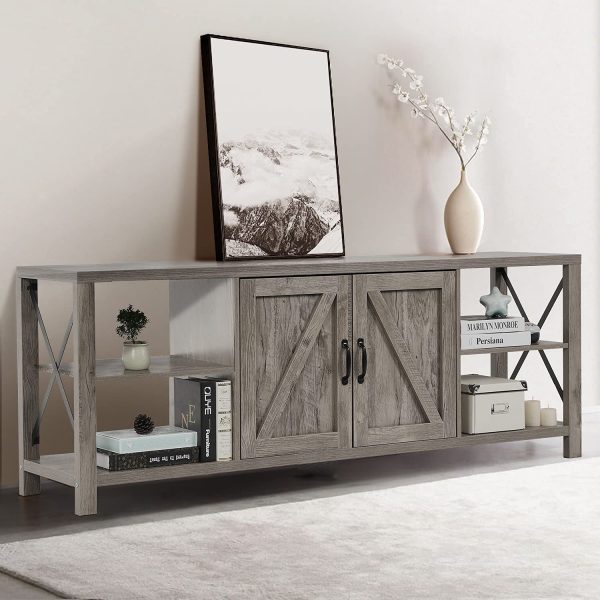 70 Inch TV Stand for 75 Inch TV Entertainment Center Farmhouse, Modern Barn Door TV Console Table with Storage Cabinets and Shelves for TVs Up to 75", Rustic Gray Wash - Image 2