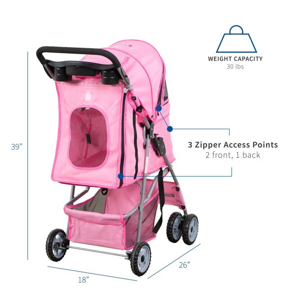 VIVO Four Wheel Pink Pet Stroller / Cat & Dog Foldable Cart - Image 2