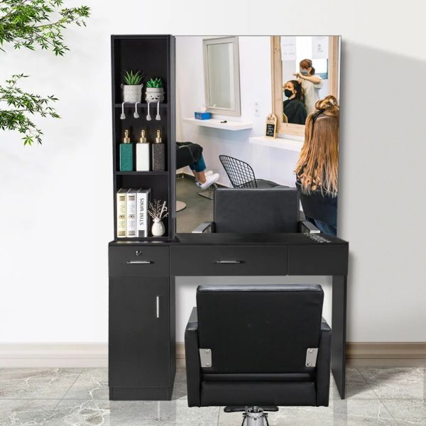 OmySalon Barber Station Wall Mount Salon Hair Styling Beauty Spa Equipment W/Mirror, 2 Drawers, 1 Storage Cabinet, 3 Open Shelves (Black) - Image 6