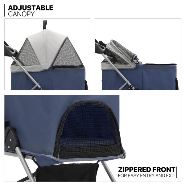 MoNiBloom 4 Wheel Foldable Dog Pet Stroller with Cup Holder, Navy Blue - Image 10