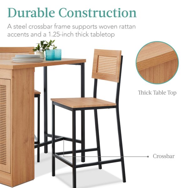 Best Choice Products 3-Piece Rattan Dining Set, Counter Height Boho Dining Table for Kitchen for 2, Dining Room w/Adjustable Storage Shelves, Cabinet Doors, Metal Frames - Image 5