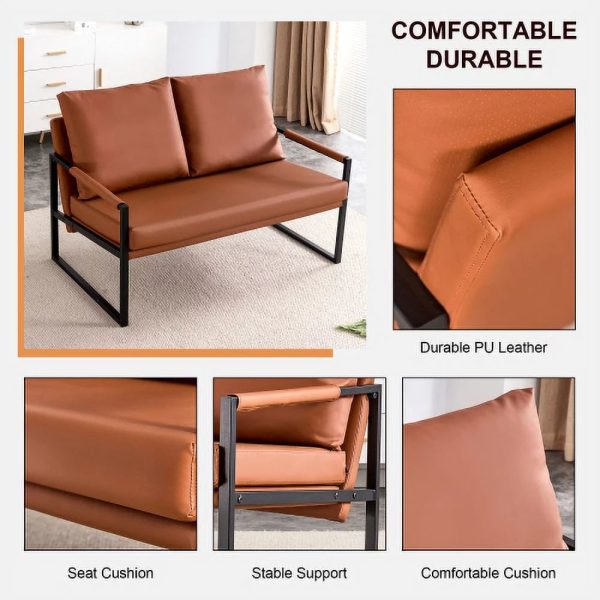 GVJMTKP Modern Two-Seater Sofa Chair with 2 Pillows - PU Leather High-Density Foam Black Coated Metal Frame.BrownSF-D008-BR - Image 10