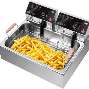 ROVSUN 23.8Qt Electric Deep Fryer w/Large Single Basket & Lid, Adjustable Temperature Countertop Commercial Stainless Steel Kitchen Oil Fryer Frying Machine for French Fries Turkey Onion Rings 5000W
