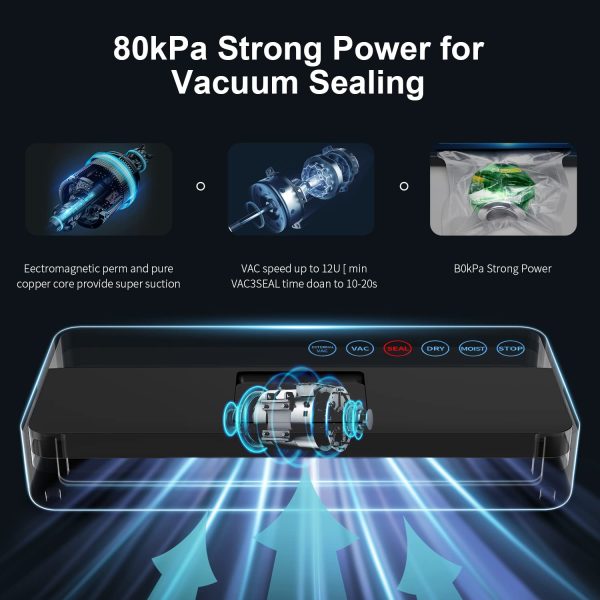 vsdk Vacuum Sealer Machine, Automatic Food for Preservation with sealers bags, Dry Moist Modes, Led Indicator Lights, Compact Design Full 95 Kpa (Black) , (V8111) - Image 6