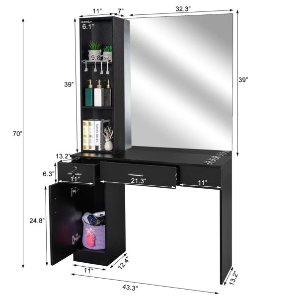 OmySalon Barber Station Wall Mount Salon Hair Styling Beauty Spa Equipment W/Mirror, 2 Drawers, 1 Storage Cabinet, 3 Open Shelves (Black) - Image 3