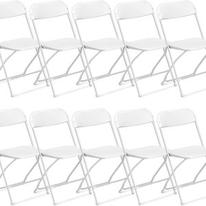 VINGLI 10 Pack White Plastic Folding Chair， Indoor Outdoor Portable Stackable Commercial Seat with Steel Frame 350lb. Capacity for Events Office Wedding Party Picnic Kitchen Dining