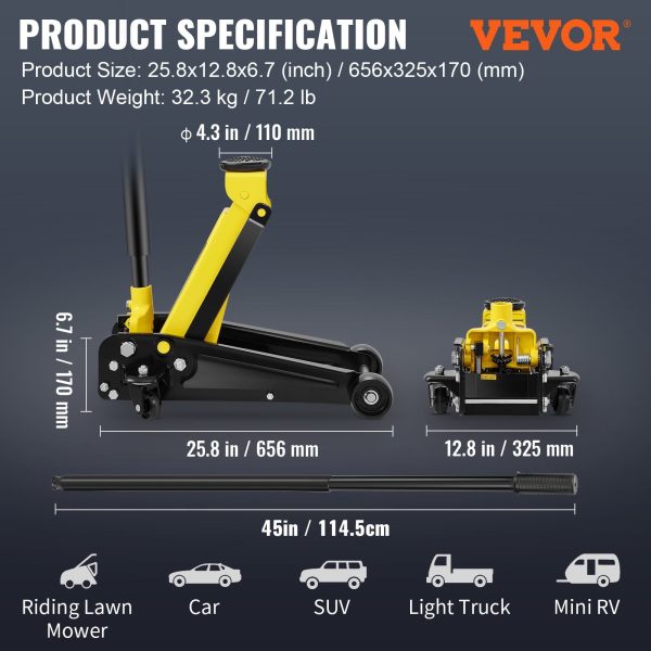 VEVOR Low Profile Floor Jack 3 ton Heavy Steel Single Piston Hydraulic Pump - Image 7