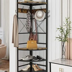 YOPCTUO 3-in-1 Entryway Coat Rack Industrial Hall Tree Corner Cloth Rack with Bench Hallway Coat and Shoe Rack for Corner Entryway Organizer with Metal Shoe for Hallway Corner Entran