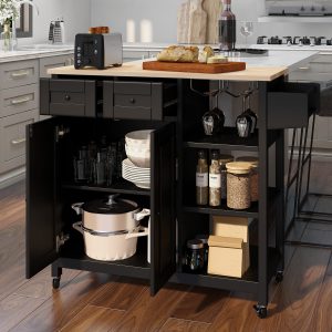 HOMREST Kitchen Island on Wheels, Kitchen Cart with Cabinet & 3 Layer Shelves, Wood Countertop Mobile Storage Islands with Spice Rack, Lockable Wheels, Drawer and Two Doors, Wine Glass Holder