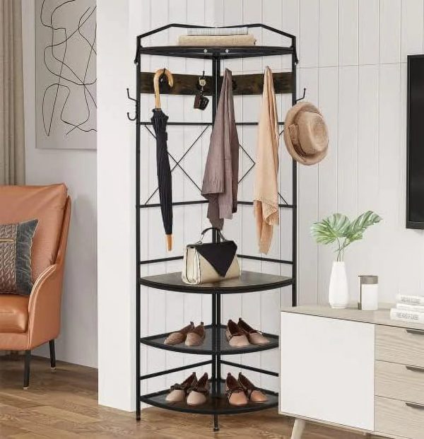 YOPCTUO 3-in-1 Entryway Coat Rack Industrial Hall Tree Corner Cloth Rack with Bench Hallway Coat and Shoe Rack for Corner Entryway Organizer with Metal Shoe for Hallway Corner Entran - Image 8