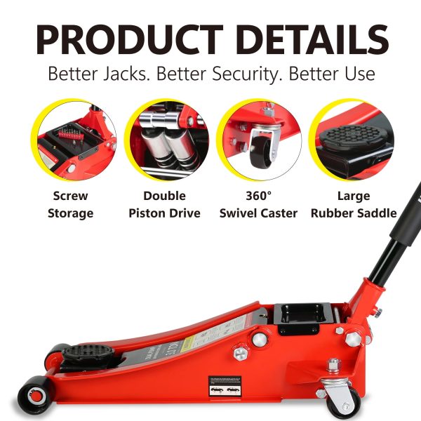 DSstyles 3 Ton Hydraulic Floor Jack Dual Pump 6600 Lb Capacity Lifting Range 3.3"-18.5" Low Profile Service Jack for Quickly Car Lift - Image 6