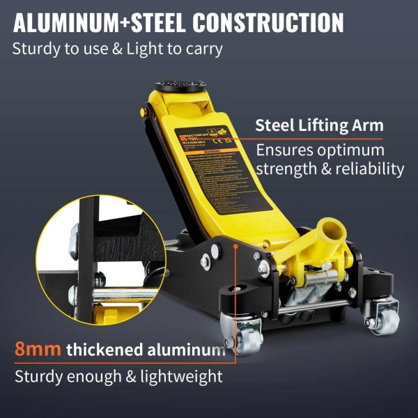 BENTISM Low Profile Floor Jack 2.5 Ton (5500 lbs), Aluminum and Steel Hydraulic Racing Floor Jack, Dual Piston Quick Lift Pump, 3-3/4"-18-7/10" Height Lifting Range, Yellow+Black - Image 4