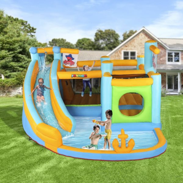 JOYMOR Inflatable Water Slide Park, Pirate Themed Bounce House w/ Obstacle Course, Water Cannon, Splash Pool, Water Slide Bouncer Castle Outdoor Backyard Playhouse for Age 3-12 Kids (Included Blower) - Image 4