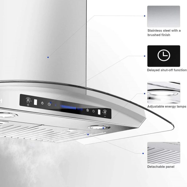 IKTCH Range Hoods 30 Inch Wall Mount Tempered Glass 900 CFM, Kitchen Chimney Vent Stainless Steel with Gesture Sensing & Touch Control Switch Panel, 2 Pcs Adjustable Lights(IKP03-30) - Image 2