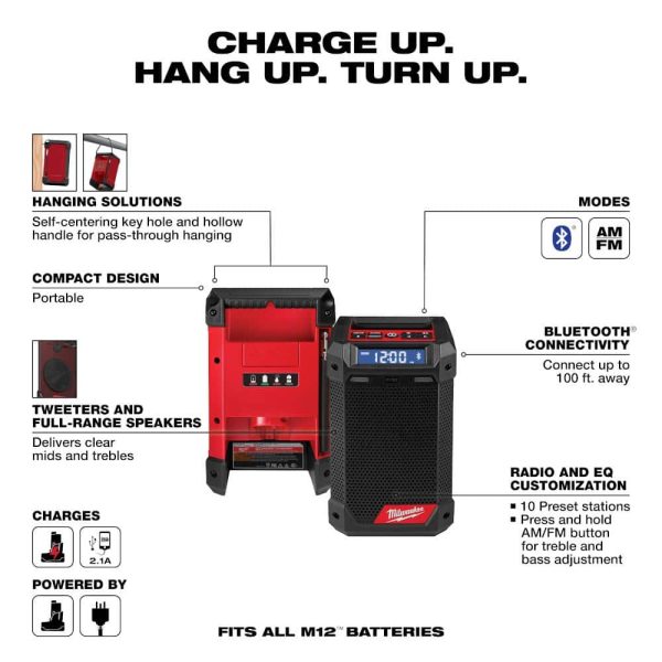 M12 12-Volt Lithium-Ion Cordless Bluetooth/AM/FM Jobsite Radio with Charger with M12 2.0Ah Battery 2951-20-48-11-2420 - Image 2
