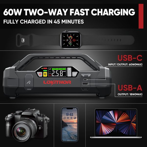 LOKITHOR JA400 1750A 12V Jump Starter with Air Compressor, 60W Two-Way Fast Charing, Lithium Battery Starter with 150PSI Digital Tire Inflator, Car Battery Booster for 7.5L Gas or 5.5L Diesel Engines - Image 3