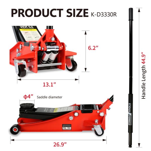 DSstyles 3 Ton Hydraulic Floor Jack Dual Pump 6600 Lb Capacity Lifting Range 3.3"-18.5" Low Profile Service Jack for Quickly Car Lift - Image 5