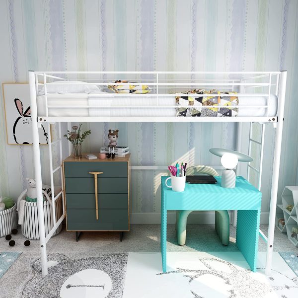 Metal Twin Loft Bed for Kids with Ladders and Safety Guard Rails Space-Saving Noise Free No Box Spring Needed White - Image 2