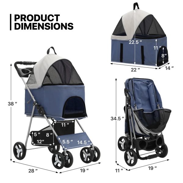 MoNiBloom 4 Wheel Foldable Dog Pet Stroller with Cup Holder, Navy Blue - Image 7