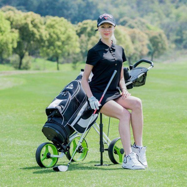 Costway Foldable 3 Wheel Push Pull Golf Club Cart Trolley w/Seat Scoreboard Bag Swivel - Image 5