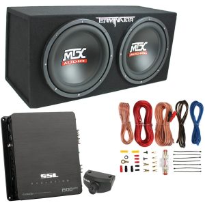 MTX TNE212D 12" 1200W Dual Loaded Car Subwoofer Box & SSL 1500W Amplifier w/ Kit