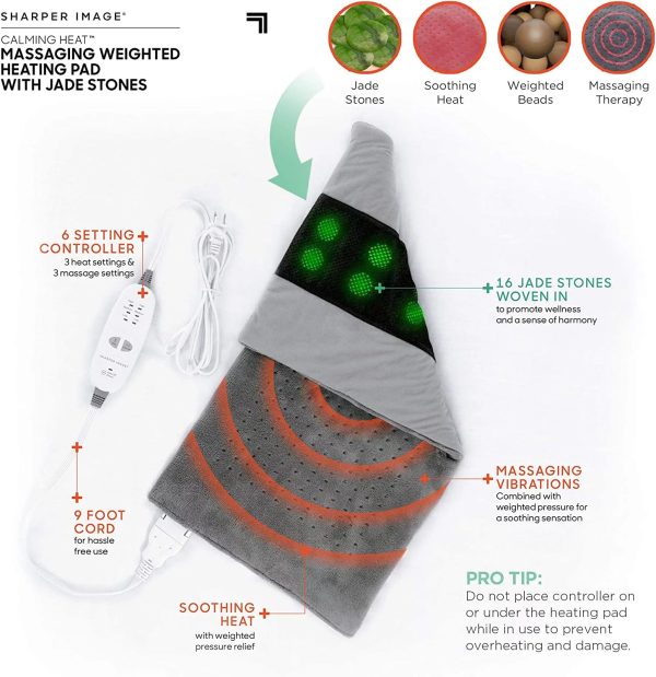 Calming Heat Jade Stone Massaging Weighted Heating Pad by Sharper Image- Weighted Electric Heating Pad, Massaging Vibrations, 6 Settings- 3 Heat, 3 Massage- 9 Relaxing Combinations, 12” x 24”, 4 lbs - Image 3