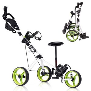 Costway Foldable 3 Wheel Push Pull Golf Club Cart Trolley w/Seat Scoreboard Bag Swivel