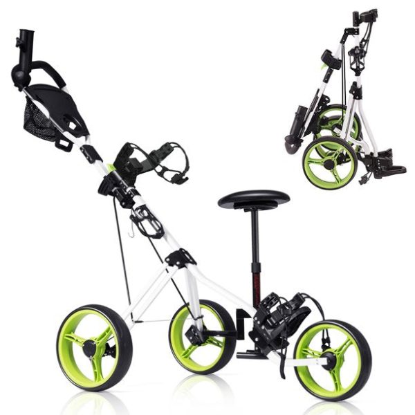 Costway Foldable 3 Wheel Push Pull Golf Club Cart Trolley w/Seat Scoreboard Bag Swivel
