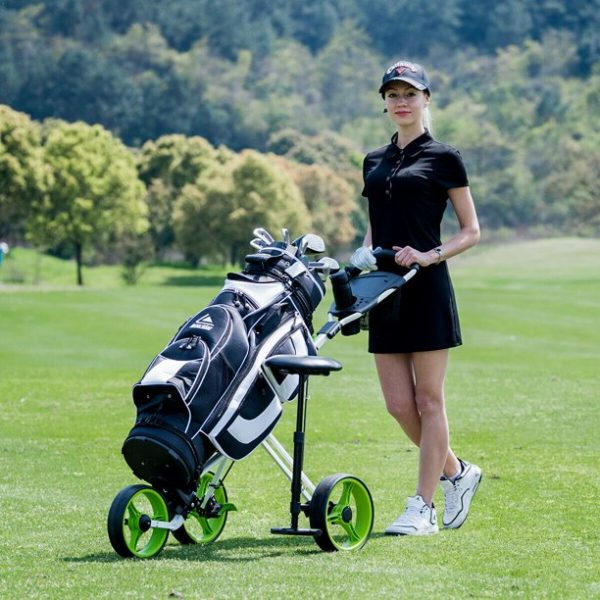 Costway Foldable 3 Wheel Push Pull Golf Club Cart Trolley w/Seat Scoreboard Bag Swivel - Image 3