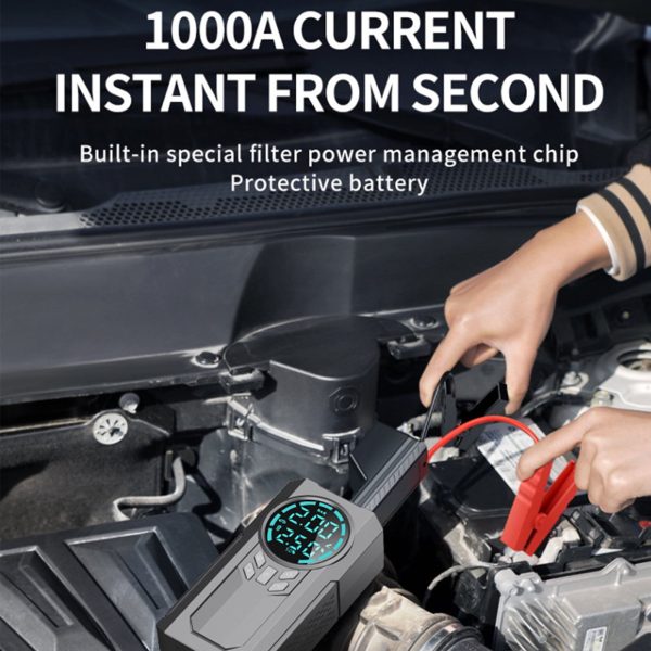 COFEST Car Inflator Battery Jump 2-in-1 1000A Emergency Start Power Supply 12V Battery Pack Battery Booster Jump Box Portable Charger Jumper Cables LED Display Screen Black - Image 6