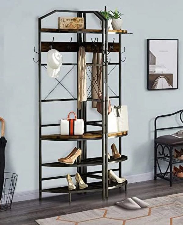 YOPCTUO 3-in-1 Entryway Coat Rack Industrial Hall Tree Corner Cloth Rack with Bench Hallway Coat and Shoe Rack for Corner Entryway Organizer with Metal Shoe for Hallway Corner Entran - Image 7