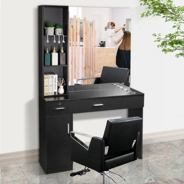 OmySalon Barber Station Wall Mount Salon Hair Styling Beauty Spa Equipment W/Mirror, 2 Drawers, 1 Storage Cabinet, 3 Open Shelves (Black) - Image 5