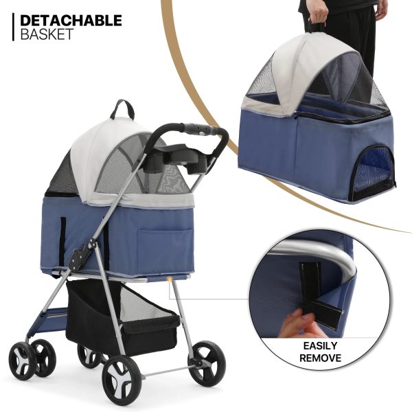 MoNiBloom 4 Wheel Foldable Dog Pet Stroller with Cup Holder, Navy Blue - Image 3