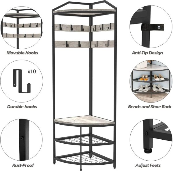 DONFU Grey Corner Hall Tree with Shoe Bench Entryway Coat Rack with 10 Metal Movable Hooks Rustic Farmhouse Freestanding Clothes Rack Shoes Shelf Organizer for Home Office Bedroom (Greige) - Image 5