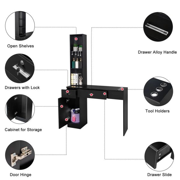 OmySalon Barber Station Wall Mount Salon Hair Styling Beauty Spa Equipment W/Mirror, 2 Drawers, 1 Storage Cabinet, 3 Open Shelves (Black) - Image 2