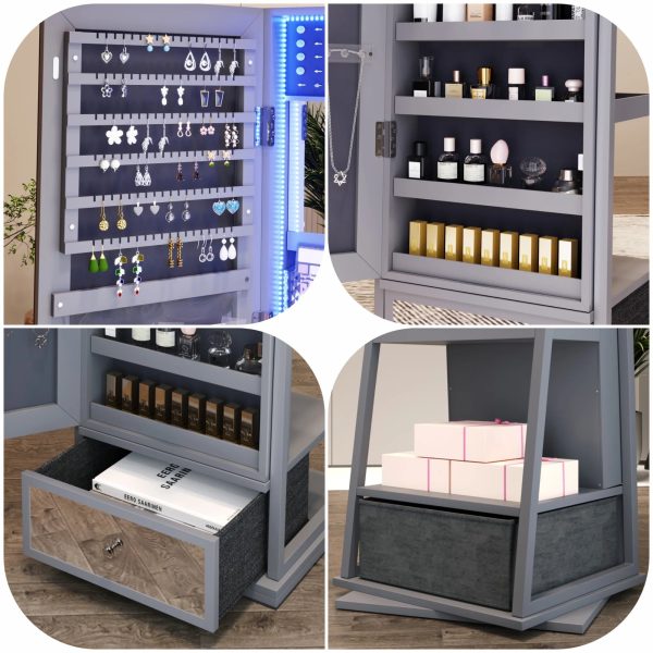 FREDEES Standing Jewelry Cabinet with Mirror and Lights, Wooden Jewelry Armoire Organizer with Full-Length Mirror for Women, Grey - Image 6