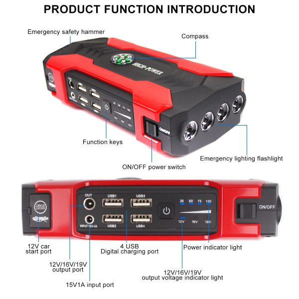 DFITO 28000mAh 12V UltraSafe Portable Jump Starter with LED Display for up to 6L Gas and 3L Diesel Engines - Image 2