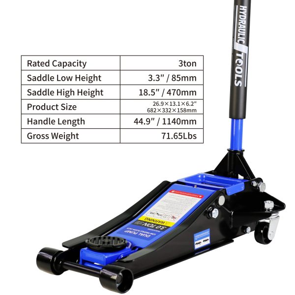 DSstyles 3 Ton Hydraulic Floor Jack Dual Pump 6600 Lb Capacity Lifting Range 3.3"-18.5" Low Profile Service Jack for Quickly Car Lift - Image 6