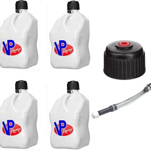 VP Racing 3522 3044 3042 Set of 4 White 5 Gallon Motorsport Jugs with Replacement Cap and Deluxe Filler Hose
