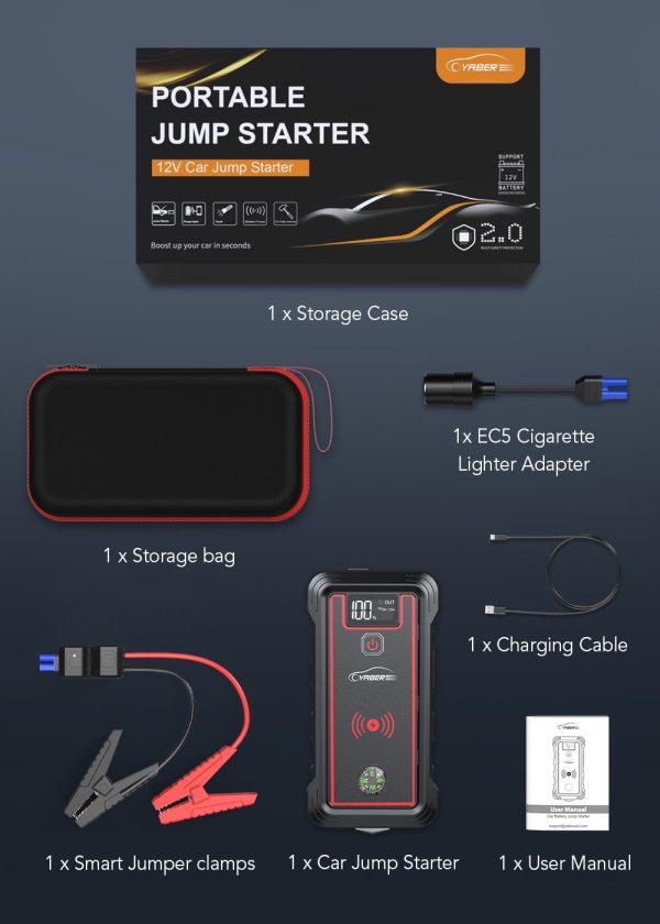 Car Jump Starter 4000A 23800mAh Auto Booster(All Gas or 8.0L Diesel) Wireless Charger YABER - Image 9