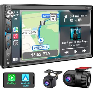 Double Din Car Stereo with Dash Cam - Voice Control Carplay, Android Auto, Steering Wheel Controls, 7" HD Touchscreen, Backup Camera, Bluetooth, Mirror Link, Subw, USB/TF/AUX, AM/FM Radio Receiver